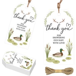 50PCS Wild Duck Themed Thank You Gift Tags,Rectangular Duck & Water Lily Design with Jute Twine, Paper Gift Tags for Baby Shower, Farm Animal Party Favors, Birthday or Gift Wrapping Supplies
