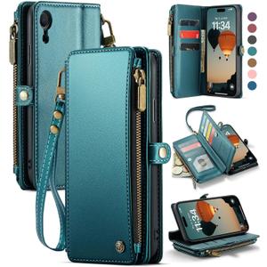 Defencase Compatible with iPhone XR Case Wallet with RFID Blocking Card Holder for Women Men, Fashion PU Leather Magnetic Snap Flip Zipper Strap Wallet Phone Case Fit for iPhone XR 6.1", Blue Green