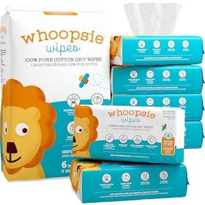 Whoopsie Wipes – The Original 100% Pure Cotton Dry Baby Wipes – Ultra Soft, Unscented, Chemical-Free Wipes for Sensitive Skin – Use Dry or Add Water for Wet Wipes – 5 Packs (600 Count)