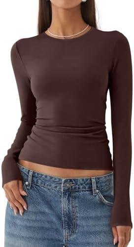 REORIA Womens Fashion Long Sleeve Shirts Crew Neck Layering Basic Tee Slim Fitted Lightweight Going Out Tops, XL REORIA Womens Fashion Long Sleeve Shirts Crew Neck Layering Basic Tee Slim Fitted Lightweight Going Out Tops, XL