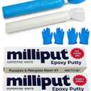 Milliput Epoxy Putty Modeling Paste - Porcelain and Fiberglass Repair Kit - Superfine White Sculpting Clay for Adults, 2 Pack with Gloves - For Fiberglass Bathtub Chip and Ceramic Tile Repairs