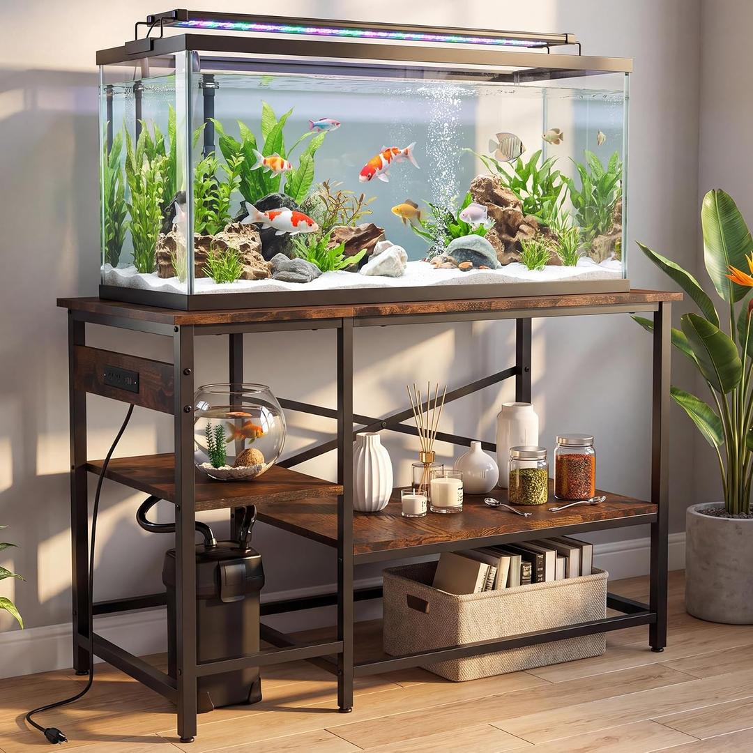 Fish Tank Stand for 40-55 Gallon Fish Tanks, 43.3" x 22" Heavy Duty Aquarium Stand with Power Outlet, Storage Shelves & Adjustable Feet, Metal Terrarium Stand for Reptile Tanks