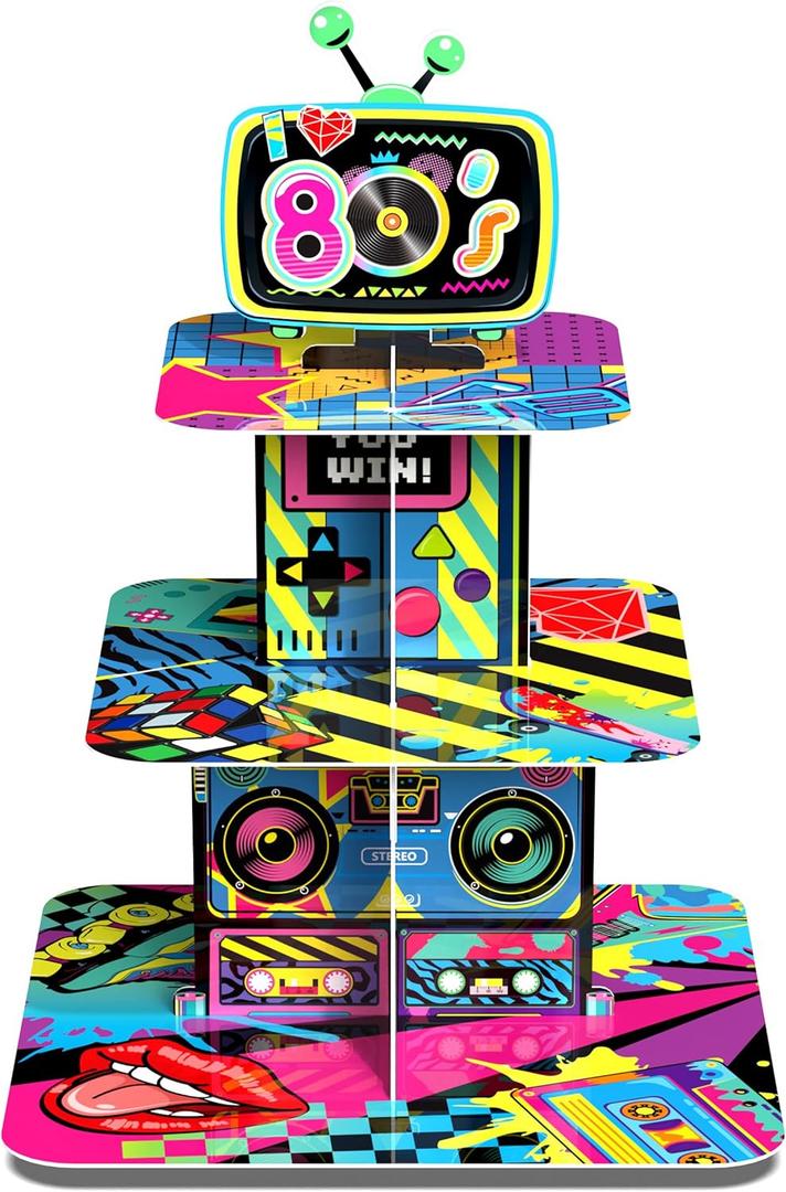 3 Tier 80s Theme Cupcake Stand 80's Birthday Party Decorations Cupcake Tower for Adults Neon Retro Hippie 1980s Hip Hop Theme Party Cake Holder Supplies