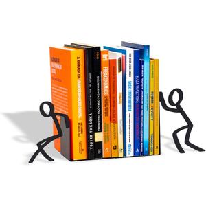 Figurine Bookends with Book-Holding Characters - Steel with Epoxy Coating - Decorative Pair of Book Holders for Shelves, Desk, and Office - Black Geguton