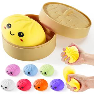 Dumpling Squishy Toys, Gaint Dumpling Squishy Mystery Box, Colorful Squishies Dumplings Stress Balls Toy, Stocking Stuffers with Food Steamer Stretchy Desk Toy (Yellow)