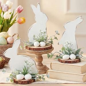 AceOrbit 3 Pcs Easter Wooden Bunny Table Decorations Bunny Wood Spring Table Centerpieces Rustic Farmhouse Rabbit Tiered Tray Decor with Base for Spring Mantle Home Office Desk Party Favor