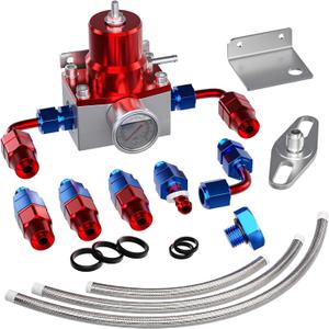 EFI Fuel Pressure Regulator Kit with Bypass Return 0-100psi Pressure Gauge AN6-6AN Fuel Line Hose Fitting Connectors Kit Adjustable Universal Aluminum (Blue)