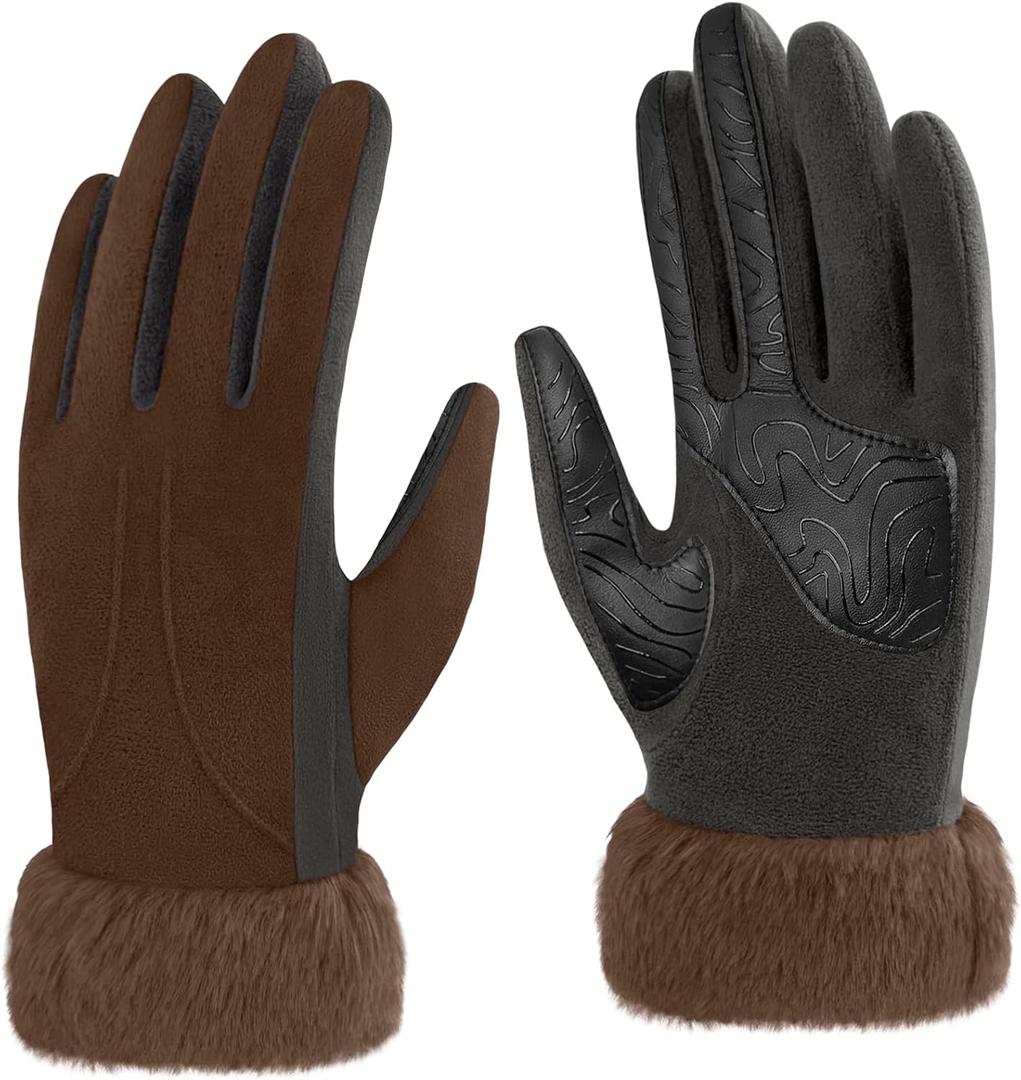 Jkulrki Women's Fleece Gloves Warm Winter Stretch Touchscreen Glove Microsuede with Faux Fur Cuff for Cold Weather (Cognac)