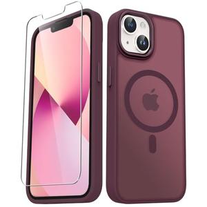YENAPOON for iPhone 14 Case, iPhone 13 Case, with 1 Screen Protector, Matte Magnetic Slim Phone Cover, Support for Magsafe, Shockproof Protection Translucent Frosted Back,Wine Red Y The Glass is Broken
