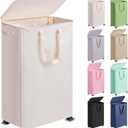 Slim Laundry Hamper with Lid and Wheels, Small Rolling Laundry Basket with Handle for Small Spaces, Tall Dirty Clothes Hampers for Dorm, Bathroom and Bedroom, 75L, Beige