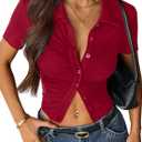 Remidoo Womens Button Up Short Sleeve Crop Top Ruched Fitted Collared Shirt Going Out Tops (Red, L)