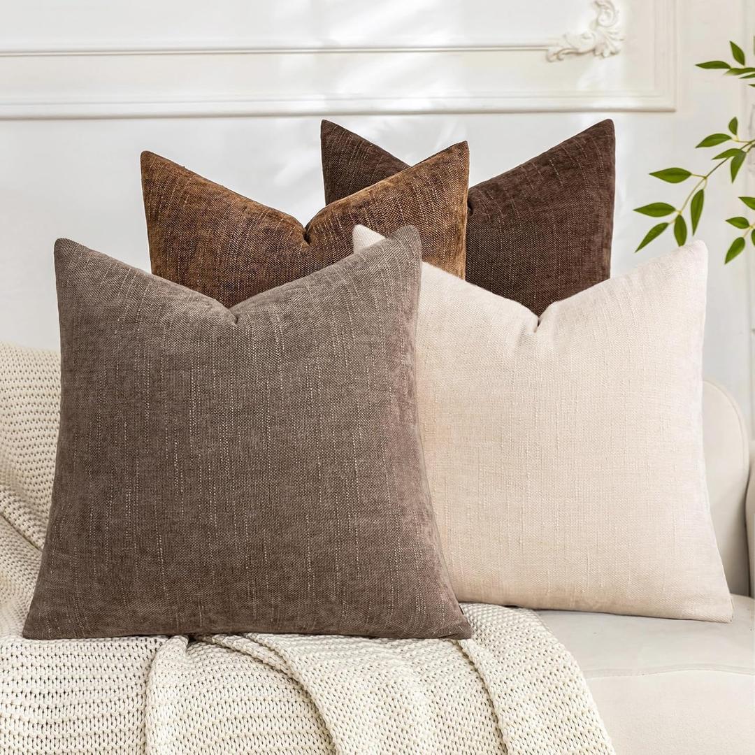 Set of 4 Soft Textured Decorative Throw Pillow Covers 18x18 Inch Cozy Farmhouse Cushion Cover Square Accent Pillow Cases for Bed Couch Sofa Living Room, Beige Taupe Brown