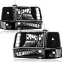 Pair Headlights for 1992-1996 Ford F150 F250 F350 Bronco Replacements w/LED Running Light Bar Clear Reflector Black Housing