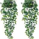 Waipfaru 2Pcs Fake Hanging Plants with Pot Deep Green Eucalyptus Leaves UV Resistant Fake Vines Ivy Artificial Plants Outdoor Faux Plants Indoor Bedroom Living Room Boho Wall Porch Shelf Decor