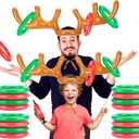 Inflatable Reindeer Antler Ring Toss Game for Christmas Party Supplies Xmas Target Game Toy (2 Version Choice; 2 Antlers & 16 Rings OR 4 Antlers & 24 Rings) Red/Green