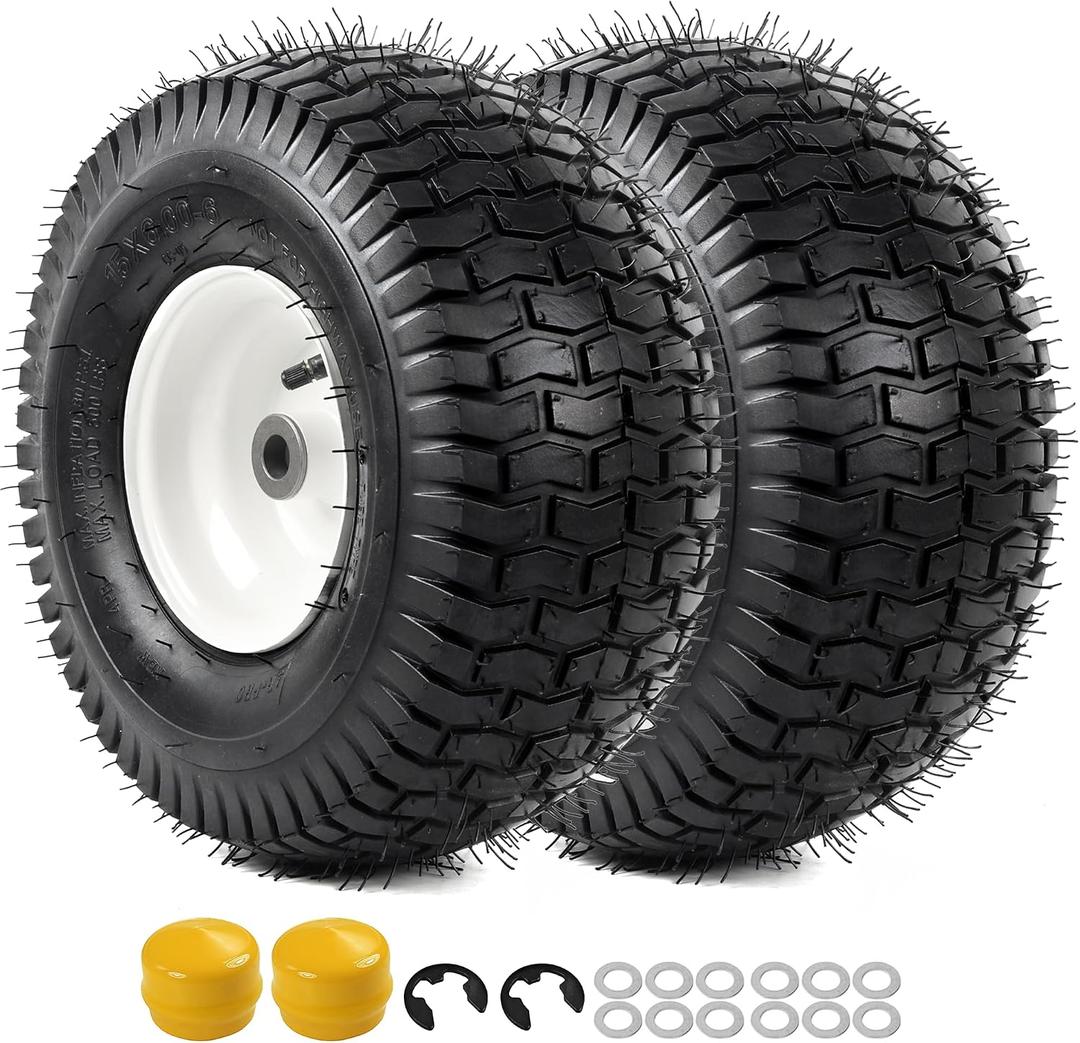 AR-PRO Replacement 15x6.00-6 Front Tire and Wheel Assembly for Riding Mower Lawn Tractor, 3" Centered Hub and 3/4" Bushings, 4-Ply Pneumatic (Set of 2)