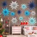 12 Pcs Snowflakes Hanging Decorations Blue Purple White Paper Fans Hollow Snowflakes Ceiling Hangings Decor Ice Birthday Fans Decor for Wedding Birthday Holiday Party Decoration(Blue)