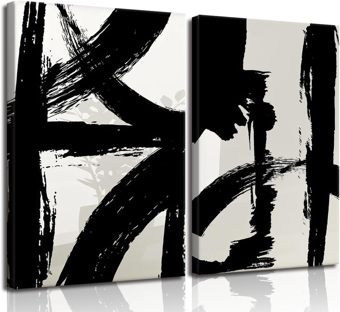Black and White Brush Stroke Canvas Wall Art Modern Abstract Minimalist Ink Line Painting Picture Mid Century Geometric Prints Poster Retro Graffiti Artwork for Office Home Decor 16x24in