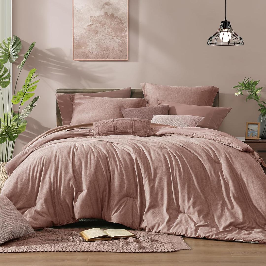 Monbix Queen Comforter Set - 7 Pieces Dusty Pink Cationic Dyeing Bed in a Bag Queen Bedding Sets with Sheets, Pillowcases & Shams, Reversible Bedding Comforters