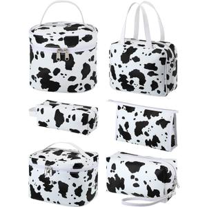Saintrygo Set of 6 Makeup Bag Set Travel Cosmetic Bag Cow Print Toiletry Pouch Gifts for Women Organizer with Zipper Portable Cute Make up PU Leather Case Washable Waterproof