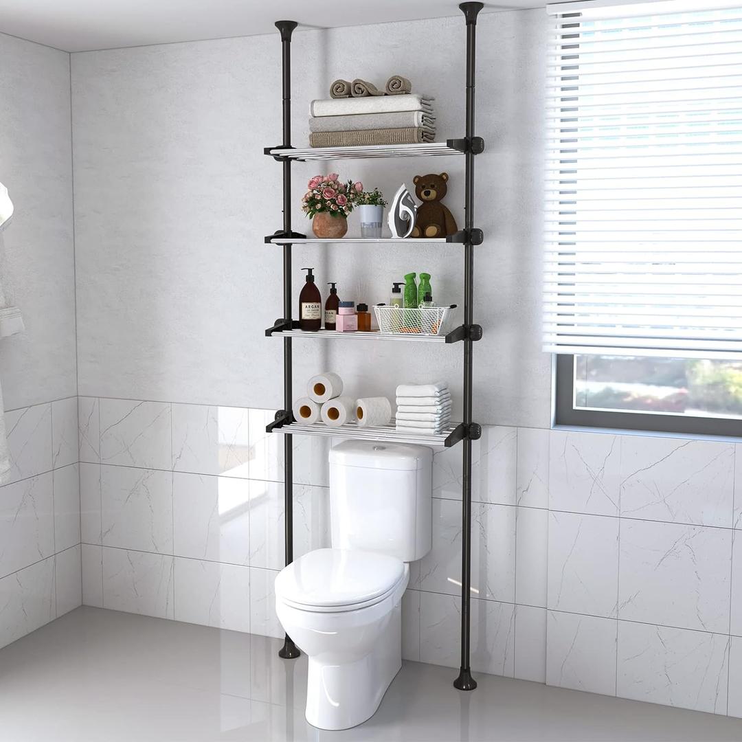 Lilyvane 4 Tiers Over Toilet Storage, 97 to116 Adjustable Tension Pole Over Toilet Bathroom Organizer, Standing Bathroom Shelves Over Toilet for Showers,Black