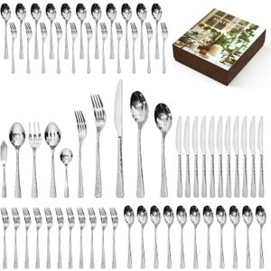 KINGSTONE Hammered Silverware Set, Flatware Set with Serving Utensils, 18/10 Stainless Steel Premium Cutlery with Unique Ripple Handles Design Mirror Polished - Dishwasher Safe (65-Piece)