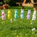 6 Pcs Flocked Easter Bunny Picks Pastel Bunny Picks Easter Rabbit Ornament with Bow 11" Tall for Spring Vase Table Floral Arrangement Centerpiece Wreath Tree Ornament