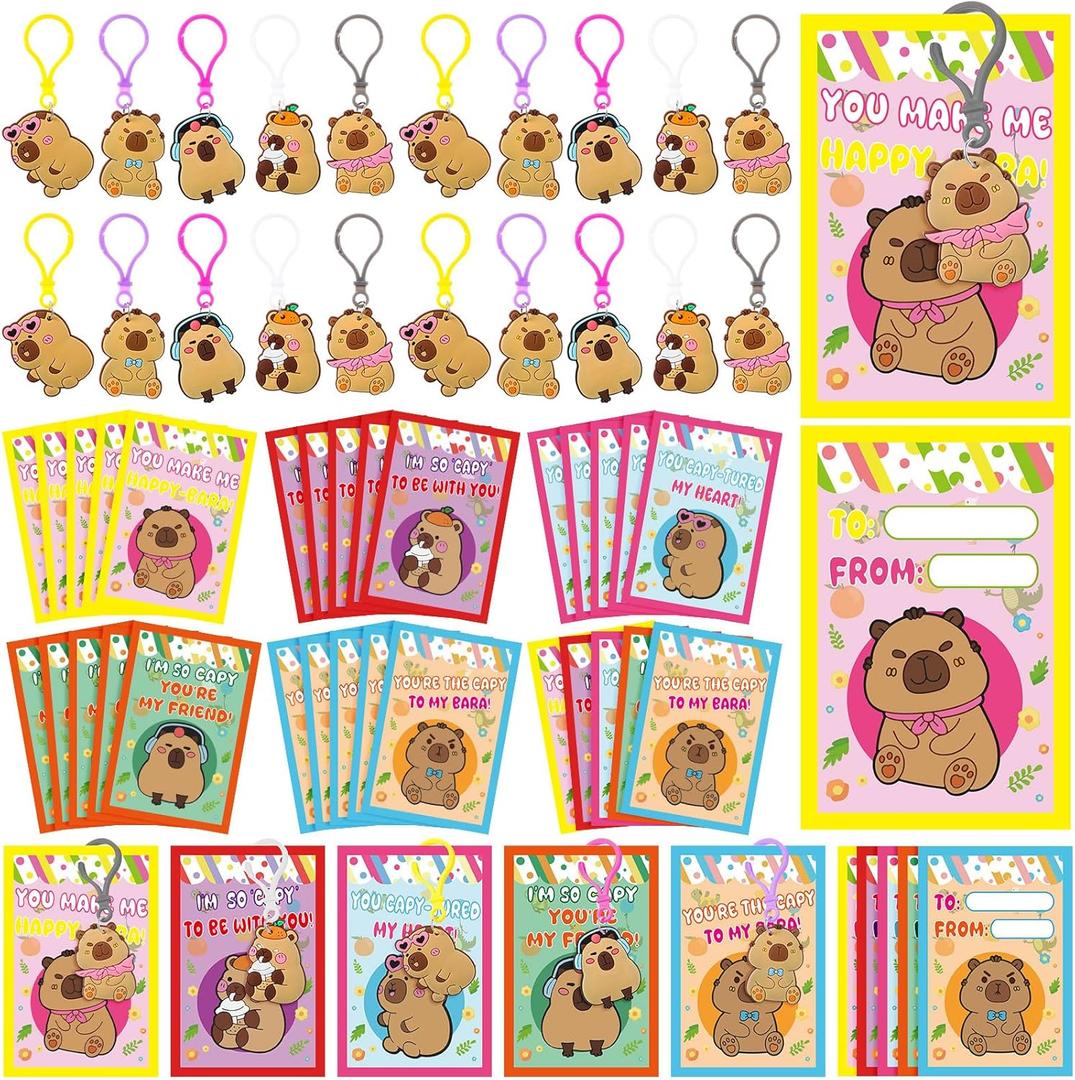30 Pack Capybara Valentines Cards Valentine's Day Gifts Bulk Capybara Cards with Keychains Funny Exchange Gifts for Party Favors Goodie Bag Stuffers Treat