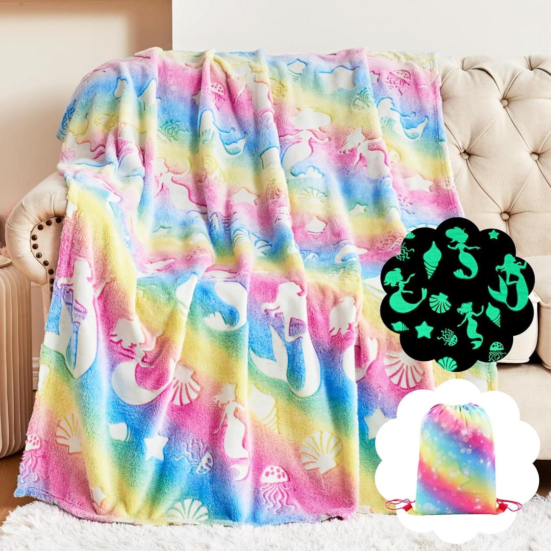 Cloele Glow in The Dark Blanket Mermaid Toys for 2 3 4 5 6 7 8 9 10 Year Old Kids Girls - Mermaids Room Decor Flannel Travel Throw Blanket Glowing Luminous Birthday Christmas Valentines Gifts,50"x60"