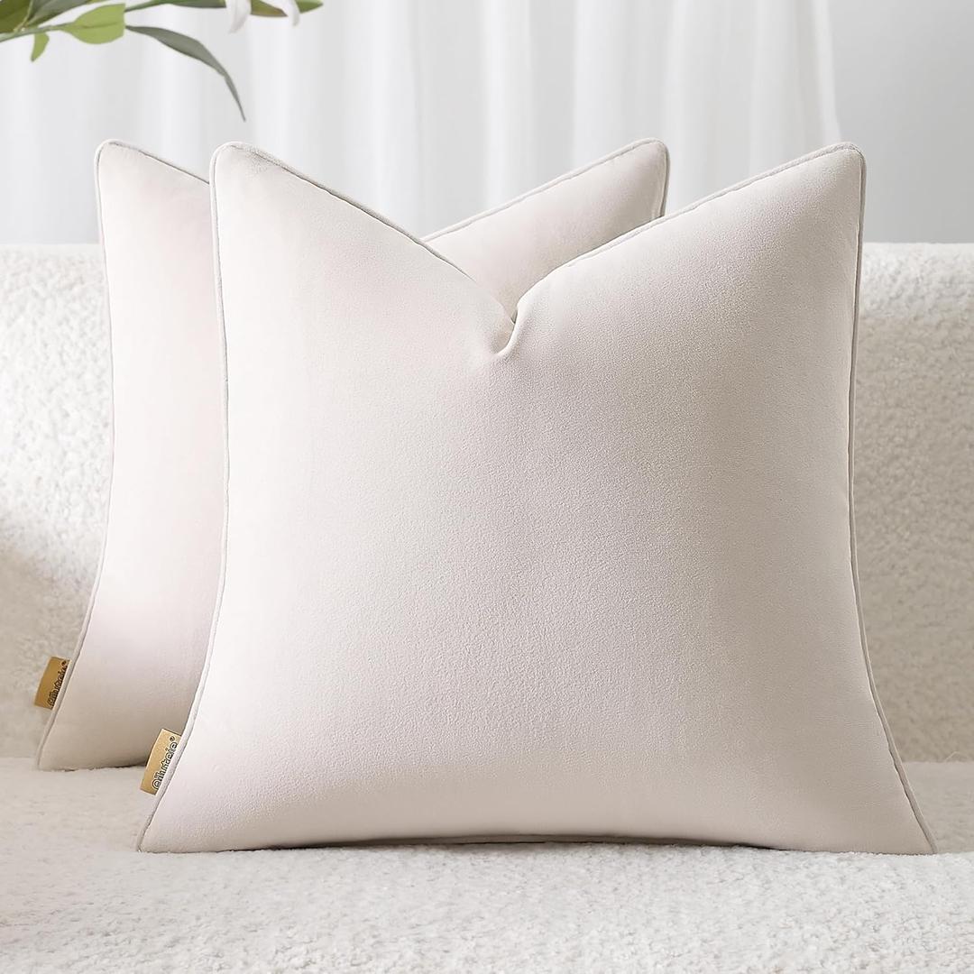 Throw Pillow Covers 18x18 Set of 2  Solid Decorative Pillow Cases for Couch, Sofa, Bed  Square Cushion Covers with Piping (No Insert) Misty White