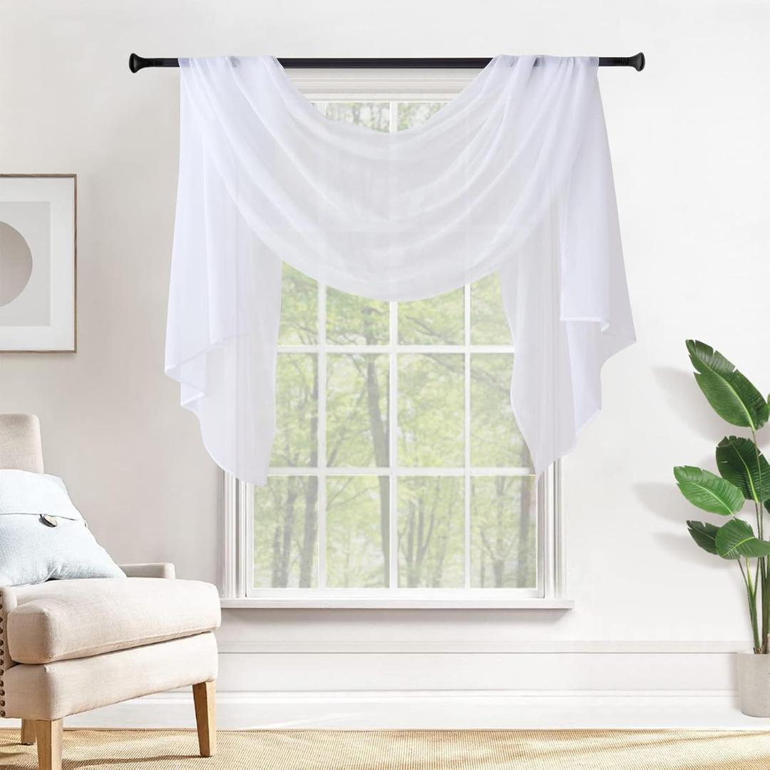 MIULEE Sheer Window Scarf Valance Extra Long Topper Window Treatment Elegant Curtain Scarves Luxury Swag Curtain Drapes for Party Wedding Arch Ceremony Canopy Bed, 54 x 144 One Panel, White