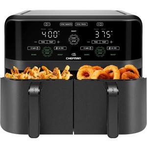 Chefman 6 Quart Dual Basket Air Fryer - Digital Touchscreen, Smart Sync Finish, Hi-Fry, Auto Shutoff, 2 Independent 3QT Nonstick Dishwasher-Safe Frying Baskets - Digital Double Air Fryer - Black