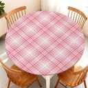 Round Fitted Tablecloth with Elastic Edge for Up to 37"-44" Round Table, Waterproof Tablecover for Camping, Indoor, Outdoor, Holiday, Summer, Pink Checker