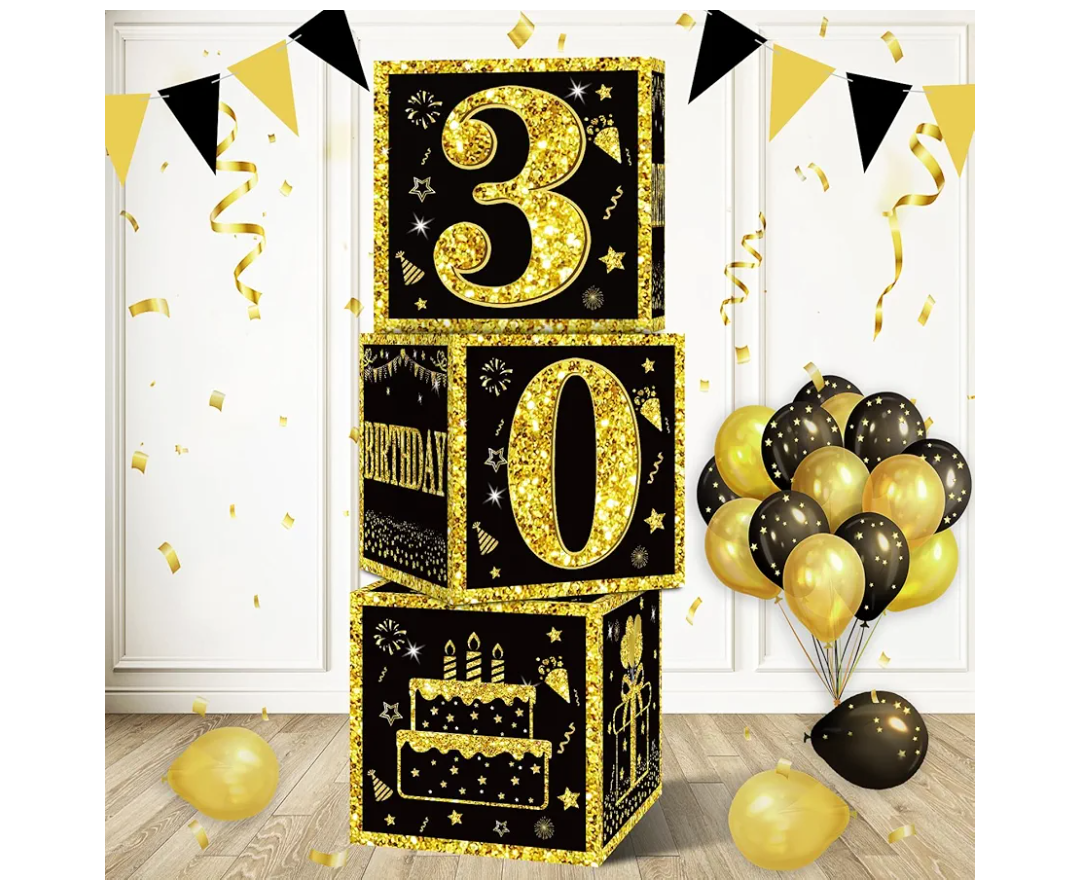 Eiurteao 3pcs 30th Birthday Decorations Boxes for Men Women, Black Gold Happy 30 Birthday Balloons Boxes Party Supplies, 30 Year Old Bday Theme Cardboard Box