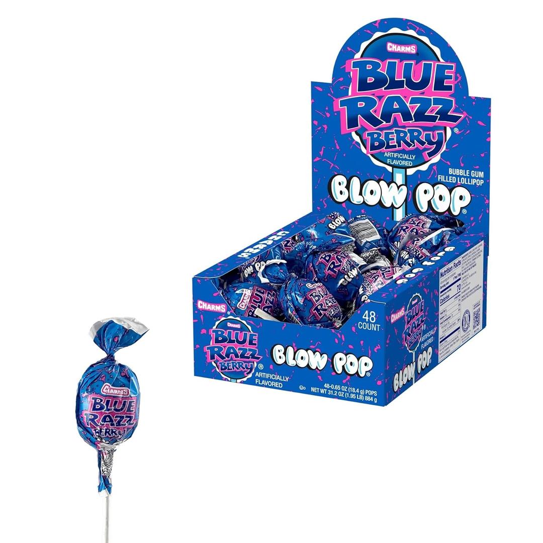 Charms Blow Pop Lollipops - Individually Wrapped Dual Candy and Gum Suckers - Peanut Free, Gluten Free - Bulk Treat for Kids and Adults Blue Razz Berry, 48 Count (Pack of 1), BB 07/05/2026
