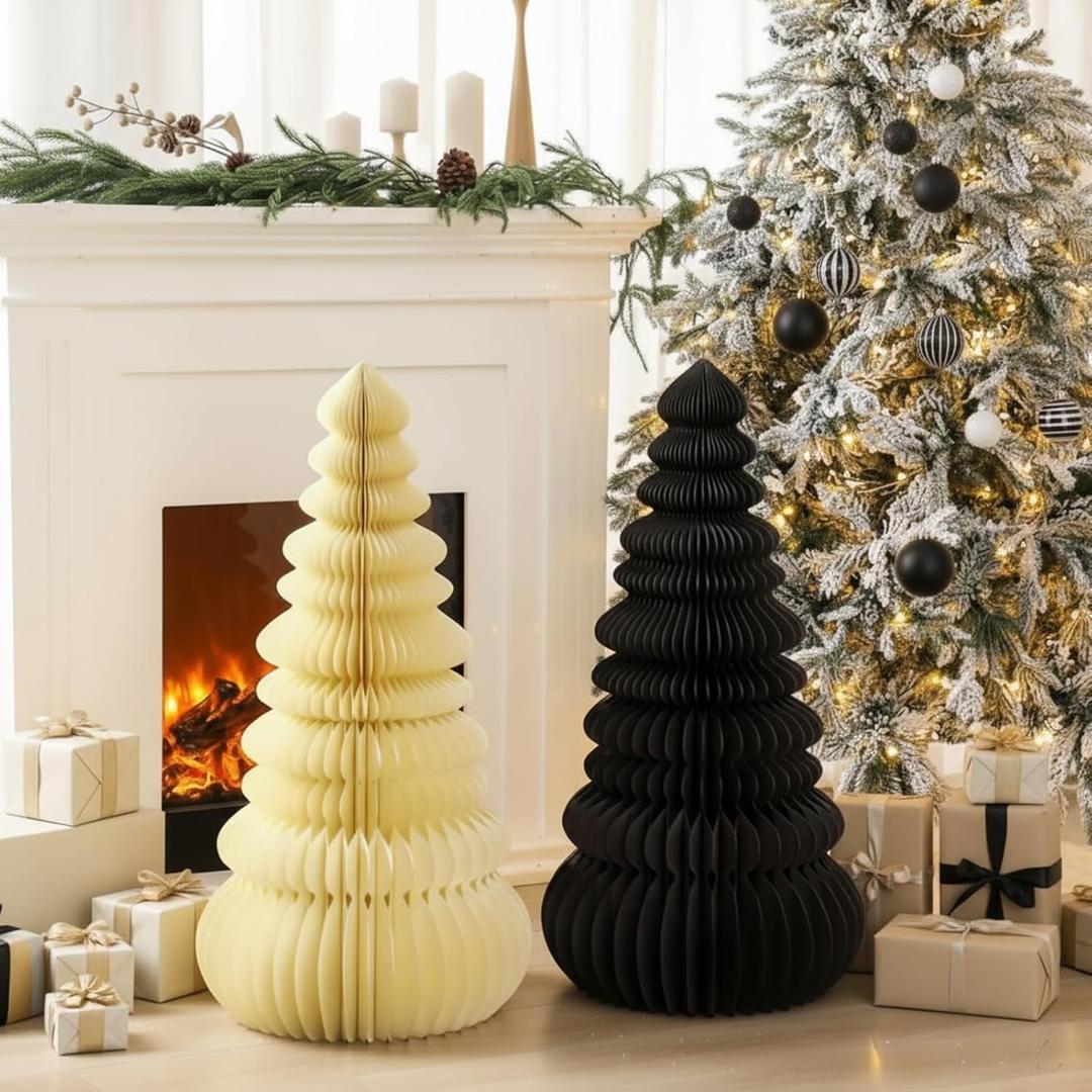 2 Pcs 3ft Large Honeycomb Christmas Tree Paper Christmas Decorations 3D Folding Tree Home Floor Decor with Magnetic Design for Winter Festive Holiday Party Supplies, Black and White