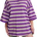 Womens Striped Polo T-Shirts Oversized Short Sleeve Top Cotton Color Block Loose Basic Tee Casual Tunics Summer Spring Tops (Purple, M)