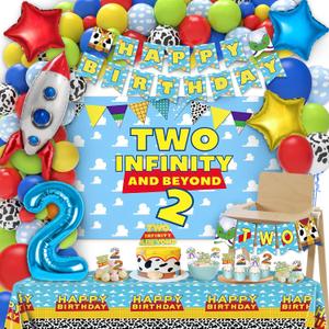 Two Infinity and Beyond Birthday Decorations - 105 Pcs Toy Inspired Story 2nd Birthday Party Supplies Include Banner, Balloons, Backdrop Film, Balloon Cake Topper, Tablecloth