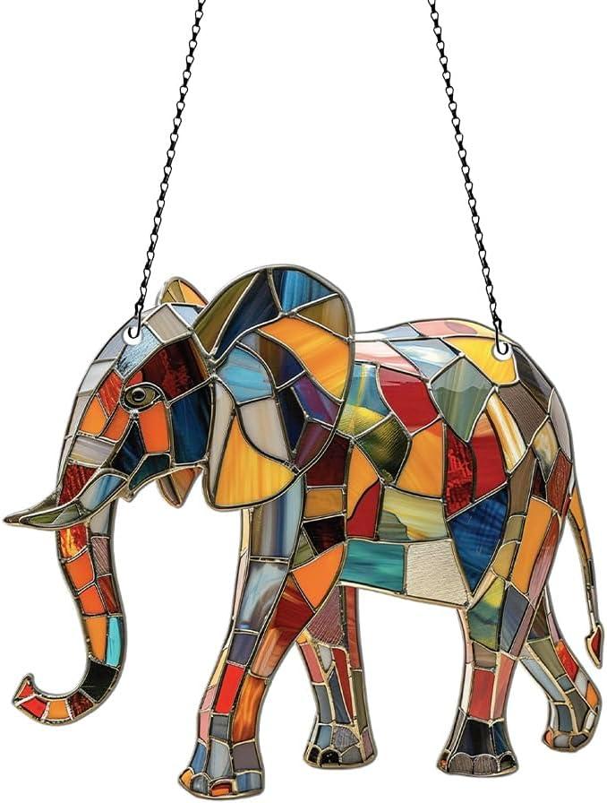 Elephant Ornaments Decor for Window Hanging, Elephant Lover Gifts for Women Men, Animal Home Wall Room Decorations, Christmas 2D Flat Acrylic Ornamnet (6in)