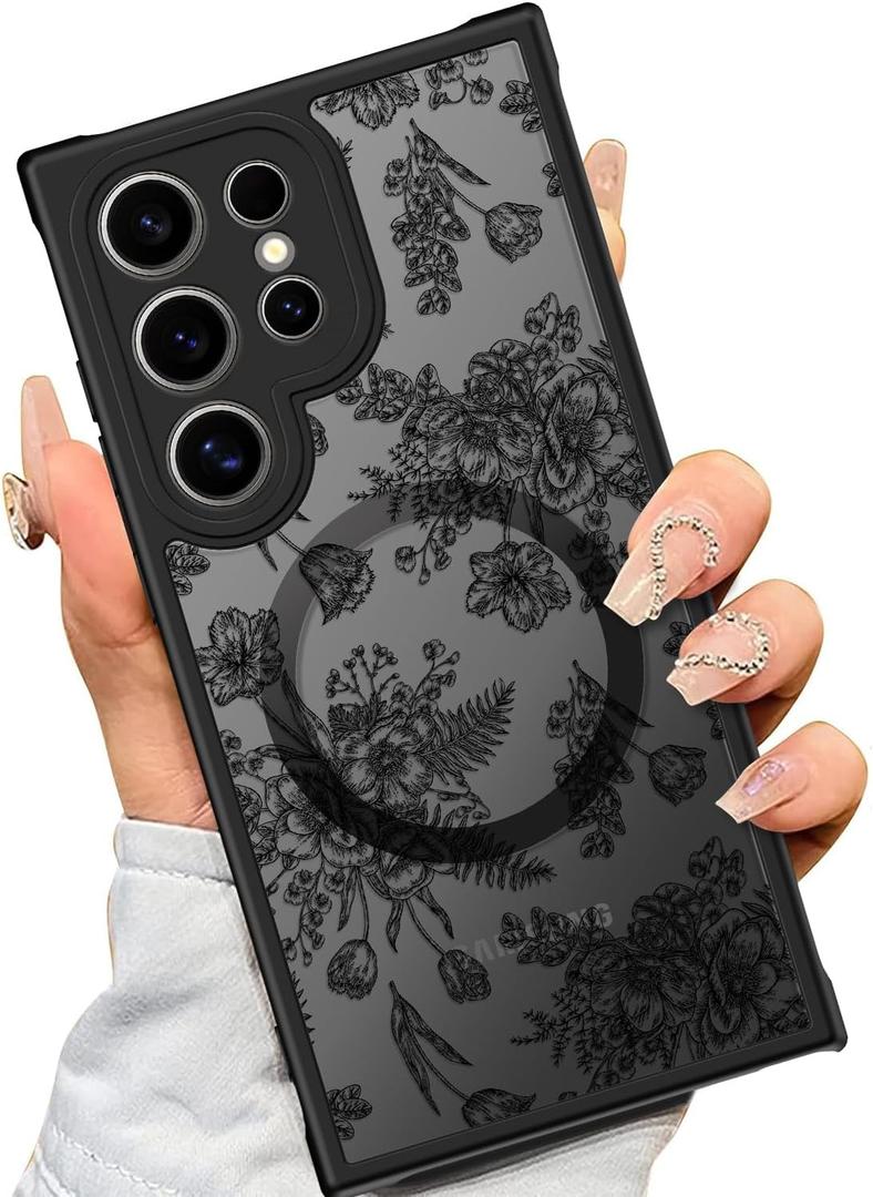 SEXYMOM Magnetic for Samsung Galaxy S24 Ultra Case - Wireless Charging Compatible,Cute Floral Design for Women and Girls,Slim Fit Translucent Matte Phone Case - Flower Garden