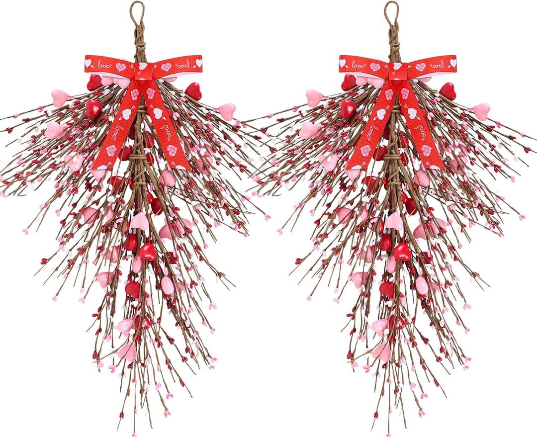 2 Pack 23 Valentines Day Wreaths for Front Door Valentines Teardrop Swag Artificial Red Pink Heart Shaped Berries Hanger with Ribbon Gift Farmhouse Hanging Decor for Outdoor Window Wall