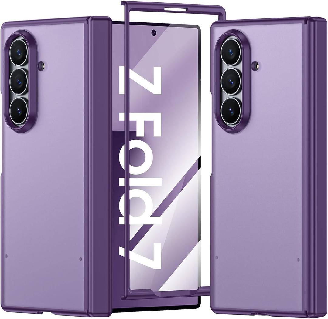 for Samsung Galaxy Z Fold 7 Case with Screen Protector & Built-in Hinge Protection, Skin Feel Ultra Thin Stylish Translucent Matte PC, Wireless Charging Durable Shockproof Cover for Z Fold 7-Purple