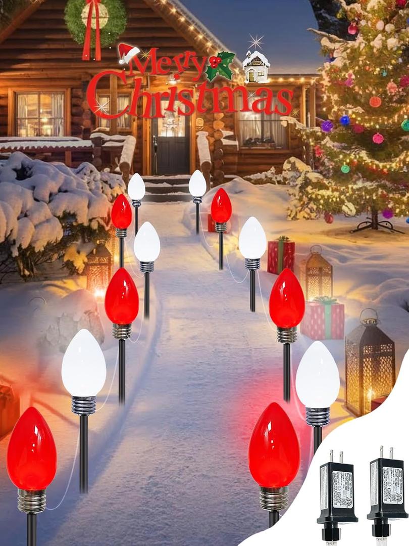 12 Pack C9 Christmas Lights Outdoor, Jumbo Bulbs Outdoor Christmas Decorations Plug in with Timer, Waterproof Pathway Lights for Outside Indoor Party Yard Garden Wedding Xmas Decor (Red and White)