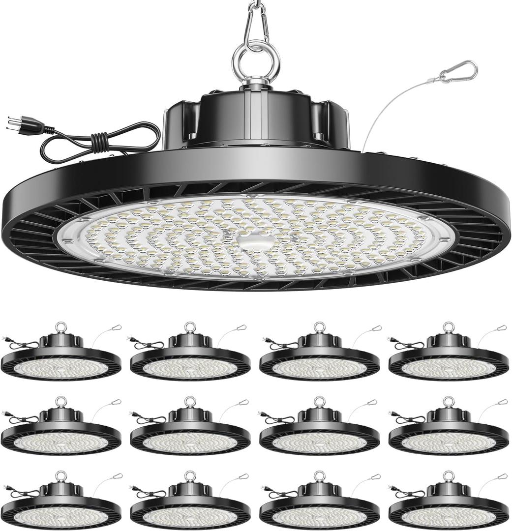 12 Pack UFO LED High Bay Light, 150W 5000K Daylight, 22500LM (Eqv. 800W MH/HPS), Commercial High Bay LED Shop Lights with US Plug for Garage Workshop Warehouse Barn, Plug&Play
