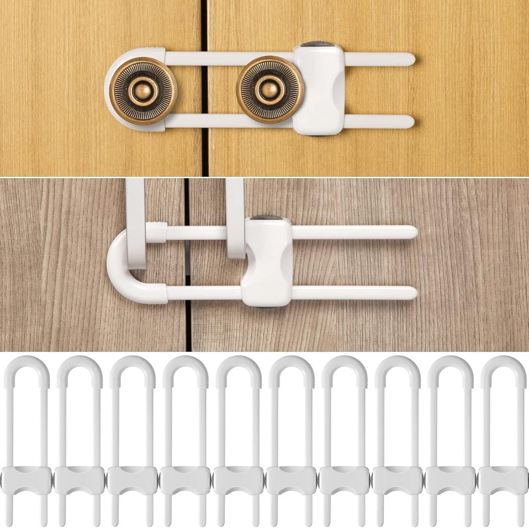 Jetec 10 Pieces Cabinet Locks for Babies, U-Shaped Proofing Drawers Safety Child Locks Adjustable, Easy to Use Childproof Latch for Knob Handle on Kitchen Door Storage Cupboard Closet , White