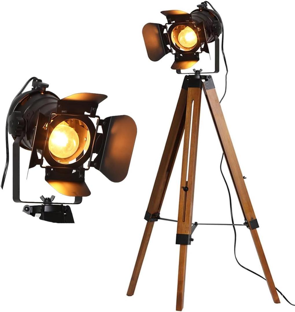 Industrial Floor Lamp for Living Room Tripod Wood Standing Tall Lighting Black Adjustable Cinema Metal Lampshade Studio Lights E26 Farmhouse Retro Floor Lamps for Bedroom Office Reading