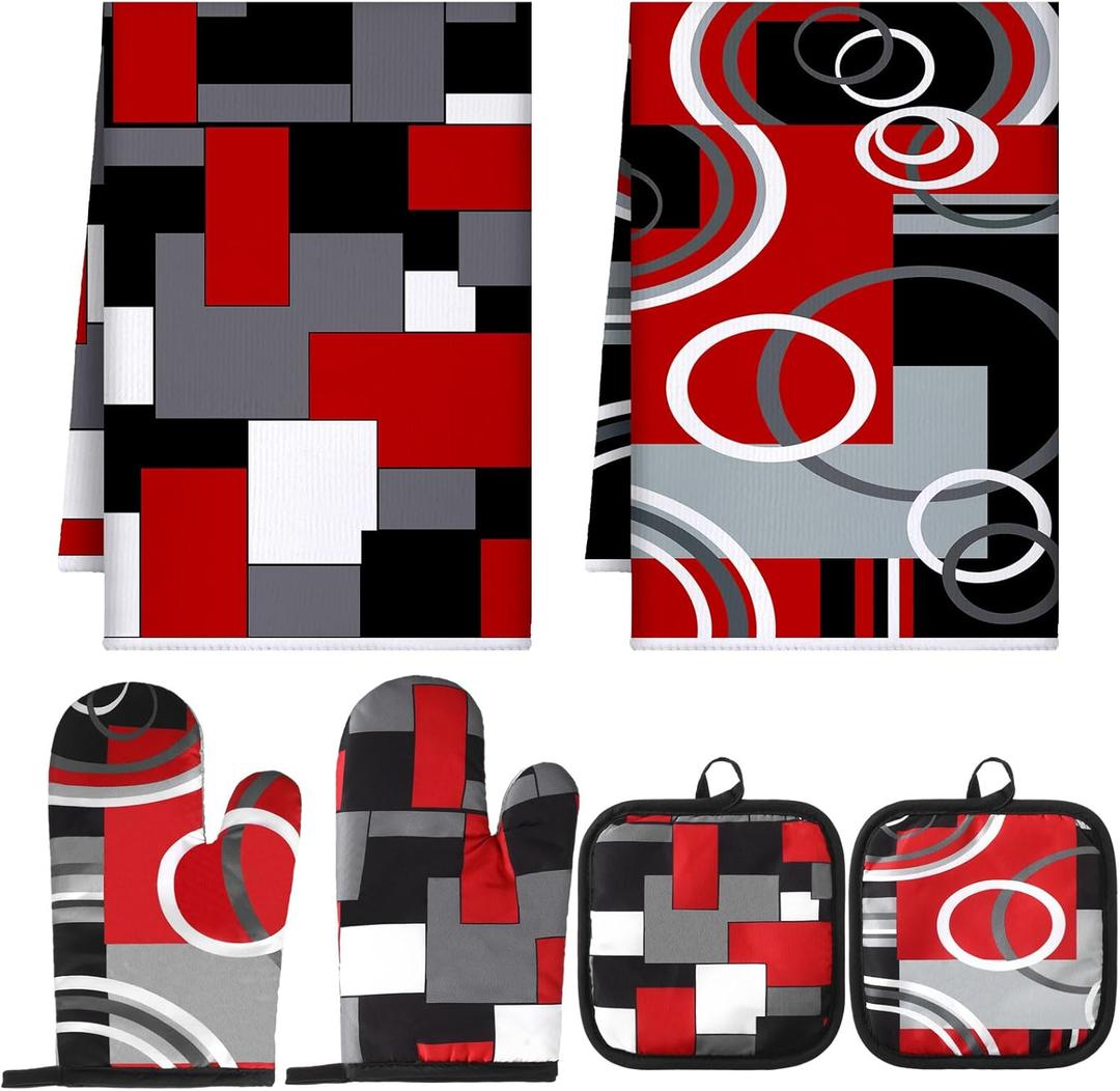 6 Pcs Kitchen Decor Set Accessorie Farmhouse Kitchen Towels Pot Holders Oven Mitts Set 2 Dish Towels 2 Pot Holders 2 Cooking Mittens Oven Glove for Cooking(Red and Black,Geometric)