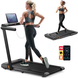 2 in 1 Folding Treadmills for Home Small Office, 2.5HP Walking Pad Treadmill with Handle Bar, 300lbs Capacity, Copmact Protable Treadmill with Smart APPs, 12 HIIT Modes and Touch Screen