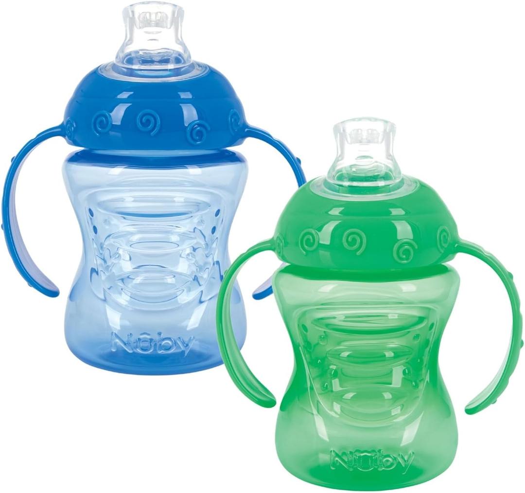 Nuby 2 Pack Sippy Cups with Soft Spout - 10 Oz Toddler Cups Spill Proof with Easy Grip - Dishwasher Safe (Blue & Green)