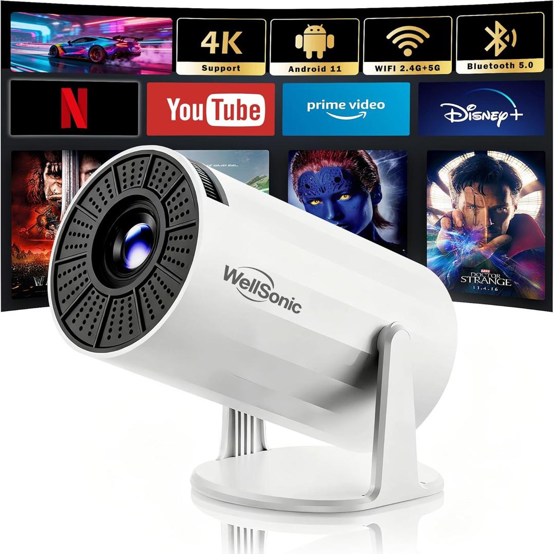 WellSonic Mini Projector with WiFi and Bluetooth, Portable Movie Projector Support 4K, Auto Keystone, 210° Rotation, 130'' Screen Smart Projector Compatible with HDMI Phone TV Stick for Bedroom Outdoor